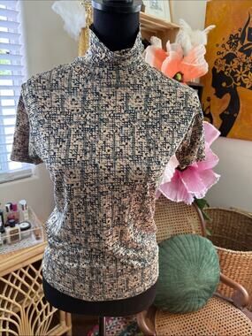 Searle Tan Digi Print Washable Silk Mock Neck Short Sleeve Indie Eclectic Top